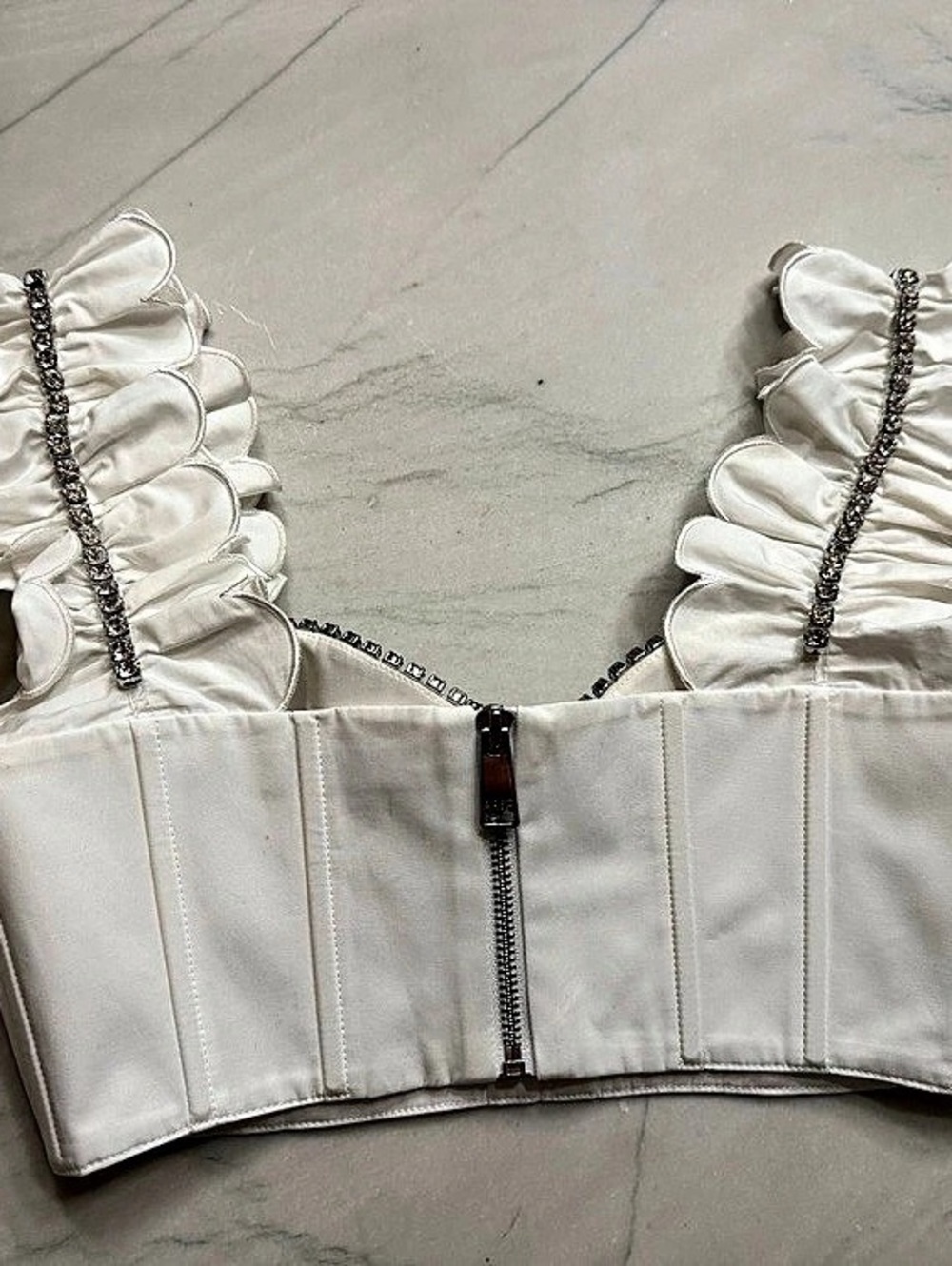 AREA Rhinestone Ruffle Crop Top in White - Picture 5 of 6